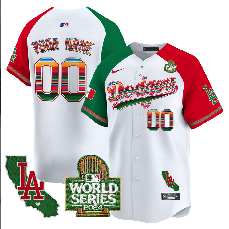 Men Custom MLB Mexico Los Angeles Dodgers white 2024 World Series Champions Patch Jersey 20241105 style 2